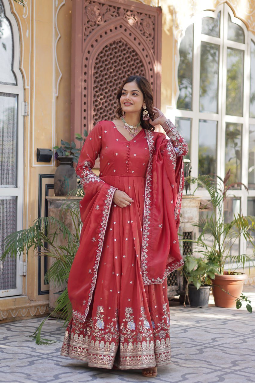 Women's Festive Rust Red Anarkali Gown with Intricate Silver Zari & Sequin Embroidery – Complete with Embroidered Dupatta