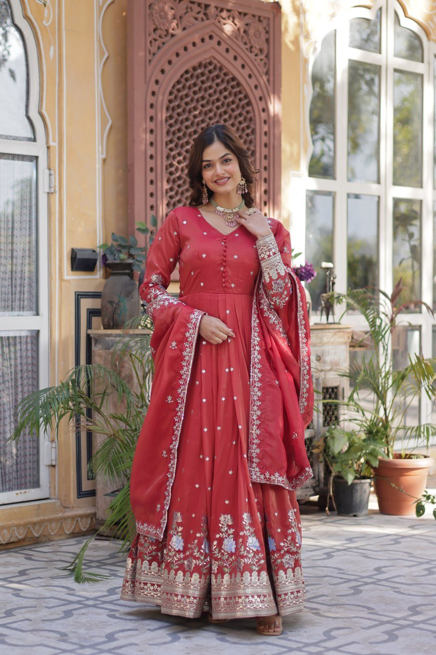 Women's Festive Rust Red Anarkali Gown with Intricate Silver Zari & Sequin Embroidery – Complete with Embroidered Dupatta - Image 2